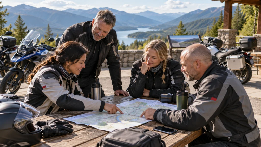Adult motorcyclists discussing a route map at a legal rest area with motorcycles parked, relaxed cooperative atmosphere