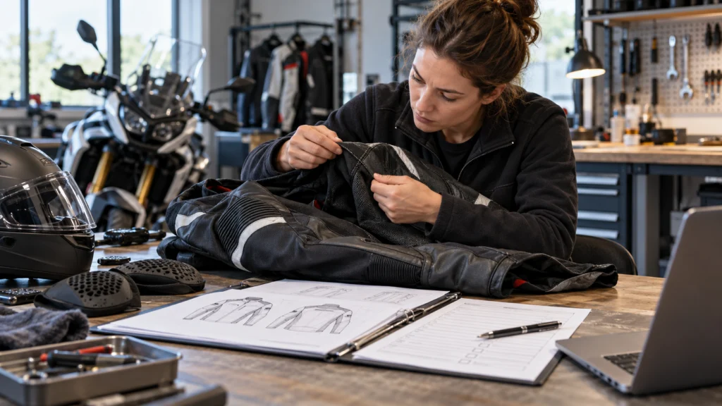 A specialist examining a motorcycle jacket seam at a workbench with model documentation and a repair checklist, no promised certification