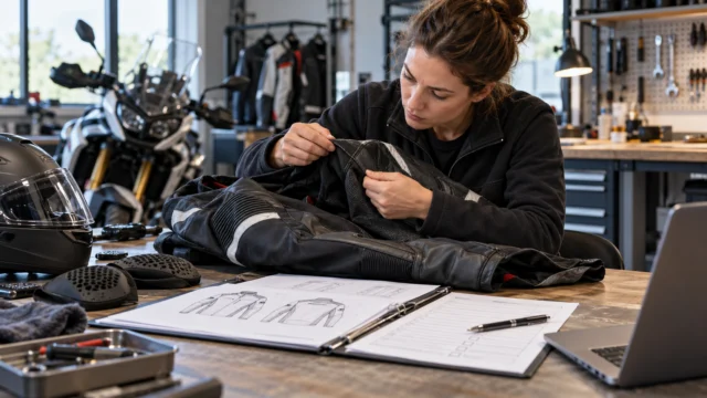 A specialist examining a motorcycle jacket seam at a workbench with model documentation and a repair checklist, no promised certification