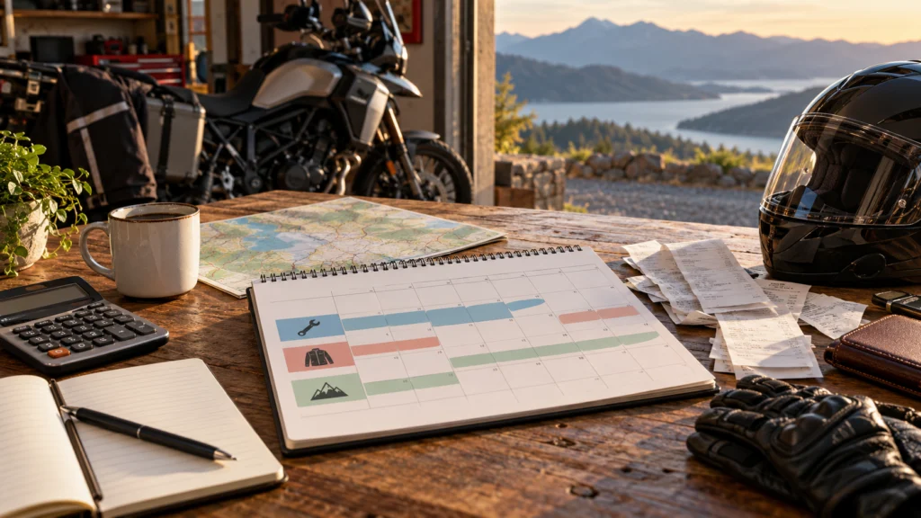A motorcycle season budget calendar with service, clothing and travel categories beside generic receipts and a helmet