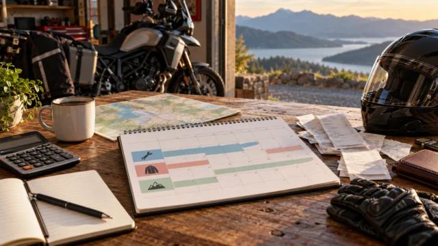 A motorcycle season budget calendar with service, clothing and travel categories beside generic receipts and a helmet