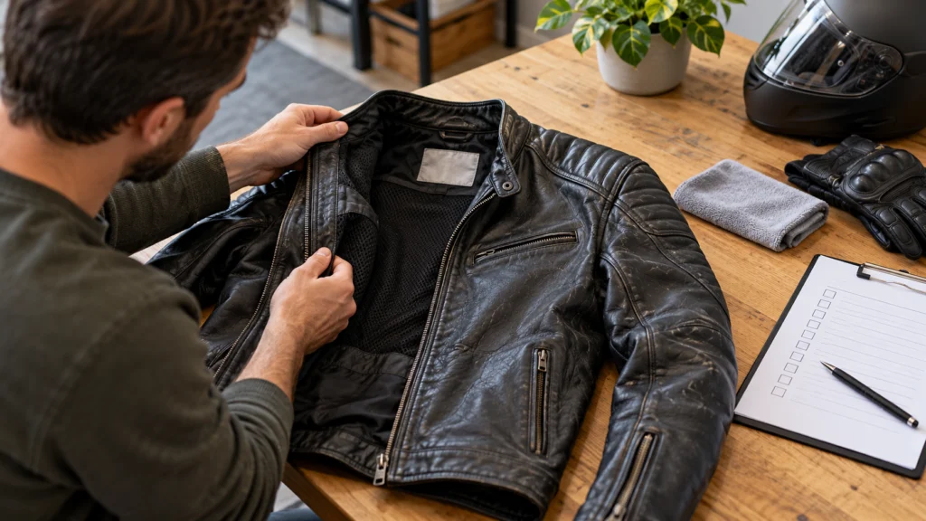 A careful used motorcycle jacket inspection on a clean table with visible labels and a condition checklist, no safety approval symbols added