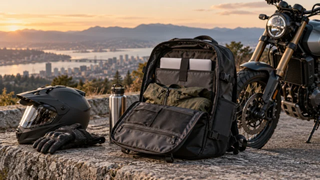 A generic commuting bag packed with a laptop sleeve and weather layer beside a stationary motorcycle, no brand logos
