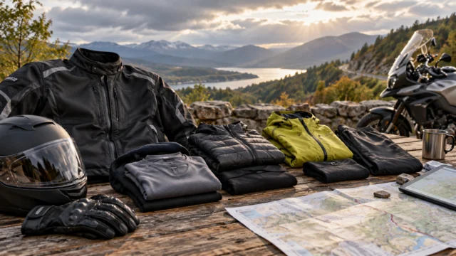 Compatible riding layers laid out beside a motorcycle jacket and a changing-weather route plan, no brand marks