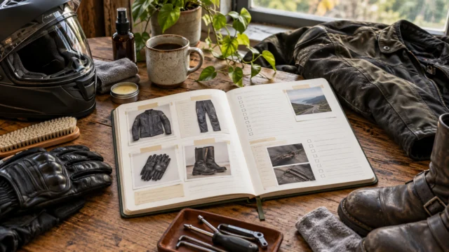 A riding-gear maintenance notebook with labelled garment references, care instructions and a small repair follow-up list