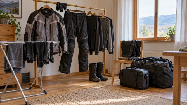 Riding clothing drying on suitable supports in a simple room away from heaters, separate dry luggage and no brand labels