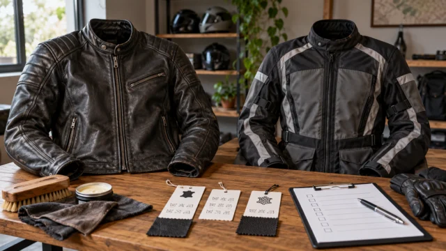 A leather and a textile motorcycle jacket displayed side by side with generic care labels and a fitting checklist, no brand logos