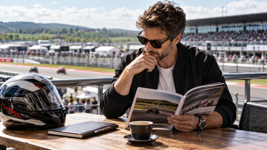 A racing fan reviewing a generic race programme beside a closed betting notebook and a motorcycle helmet on a table, no operator logos