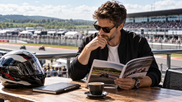 A racing fan reviewing a generic race programme beside a closed betting notebook and a motorcycle helmet on a table, no operator logos