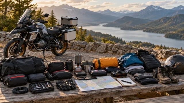 Compact motorcycle touring luggage arranged by purpose beside a route checklist and weather layers, motorcycle parked and stationary