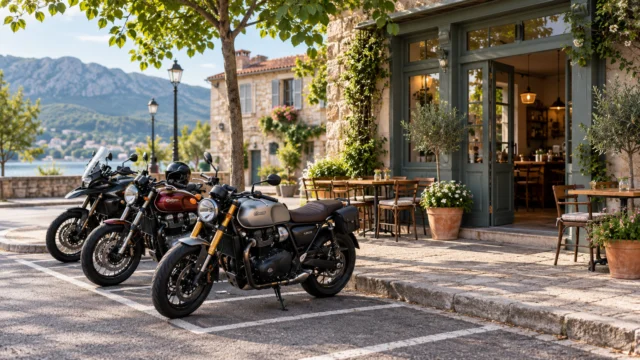 A few motorcycles parked neatly in authorised spaces near a quiet small-town café, clear pedestrian entrance and no crowding