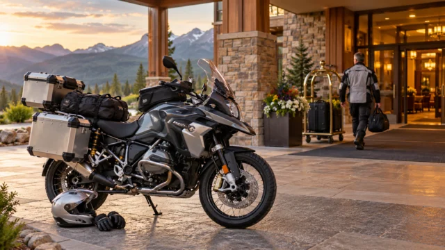 A touring motorcycle parked at a neutral resort hotel with overnight luggage and riding gear, no casino signs or gambling promotion