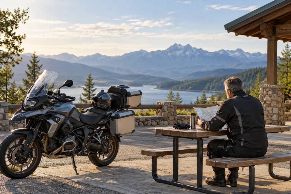 A parked touring motorcycle at a quiet legal rest stop with a route map and relaxed adult rider, no riding action