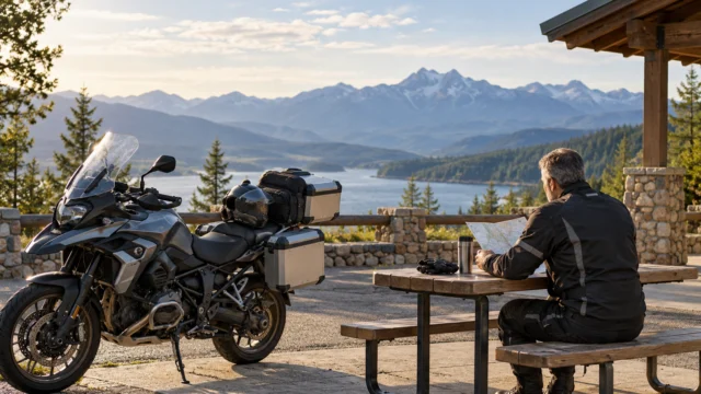 A parked touring motorcycle at a quiet legal rest stop with a route map and relaxed adult rider, no riding action