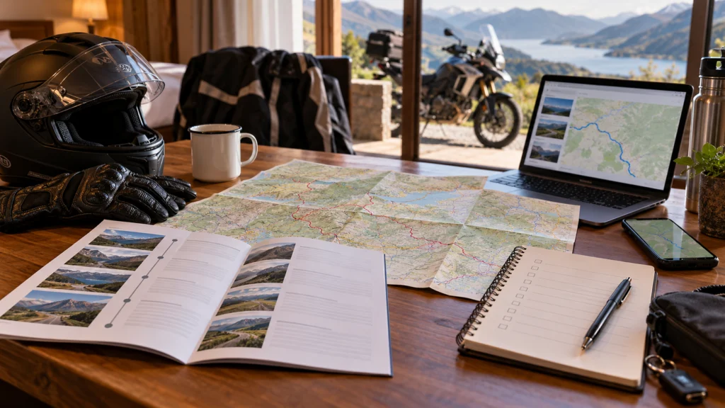 A motorcycle event travel-planning desk with a generic programme, route map and accommodation checklist, no event logos