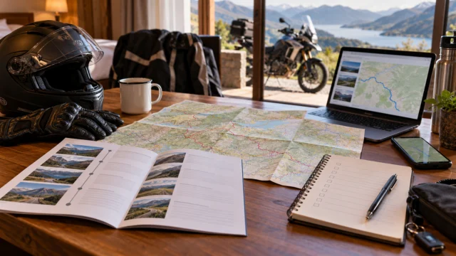 A motorcycle event travel-planning desk with a generic programme, route map and accommodation checklist, no event logos