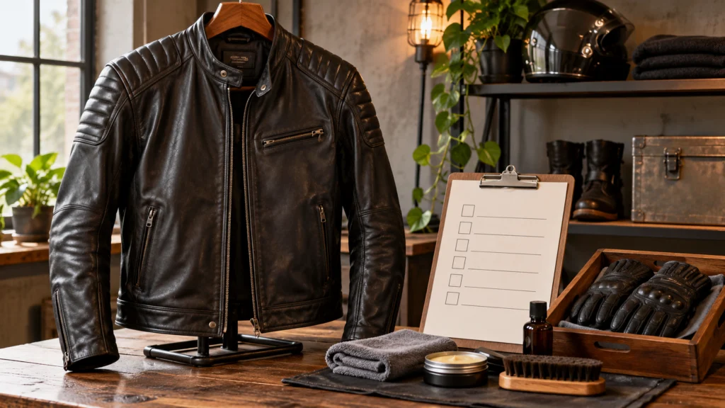 A clean leather motorcycle jacket on suitable support beside a care-label checklist and neatly stored riding gloves, no branding