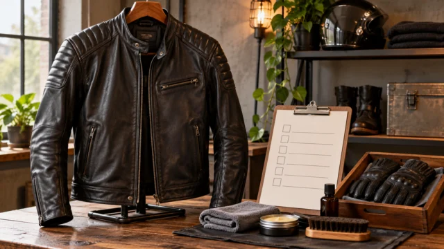 A clean leather motorcycle jacket on suitable support beside a care-label checklist and neatly stored riding gloves, no branding