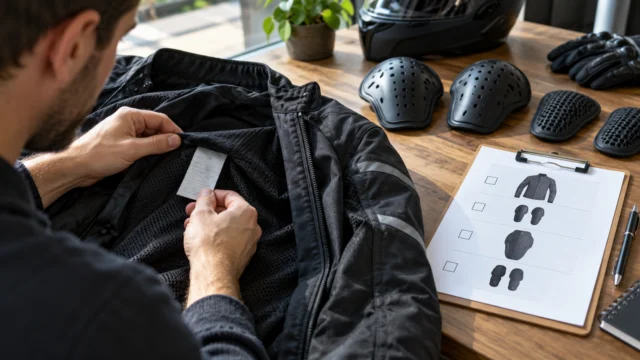 A motorcycle jacket label being reviewed beside a clear garment-versus-protector checklist, no fabricated certification marks