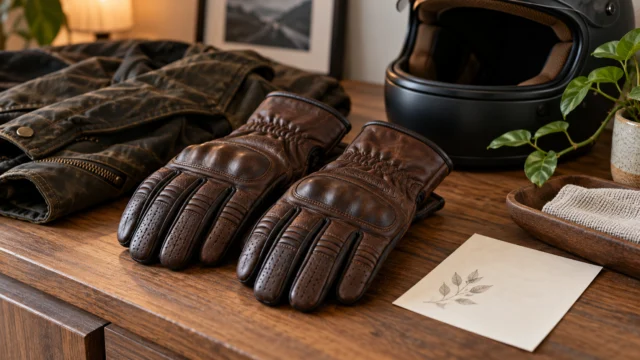 A pair of clean leather motorcycle gloves stored without compression beside a care-label note, soft room light